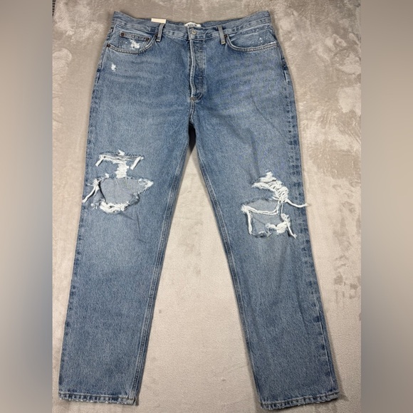 NWT Agolde Fen High Rise Button Fly Relaxed Tapered Distressed Blue Jeans 32 - Picture 2 of 16